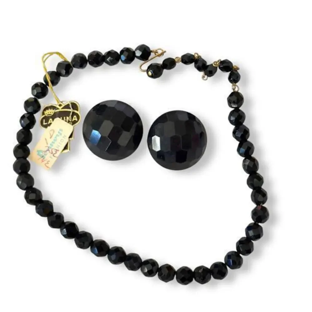 Vintage Laguna Black Crystal Faceted Beaded Necklace NWT 28” Earrings W.Germany